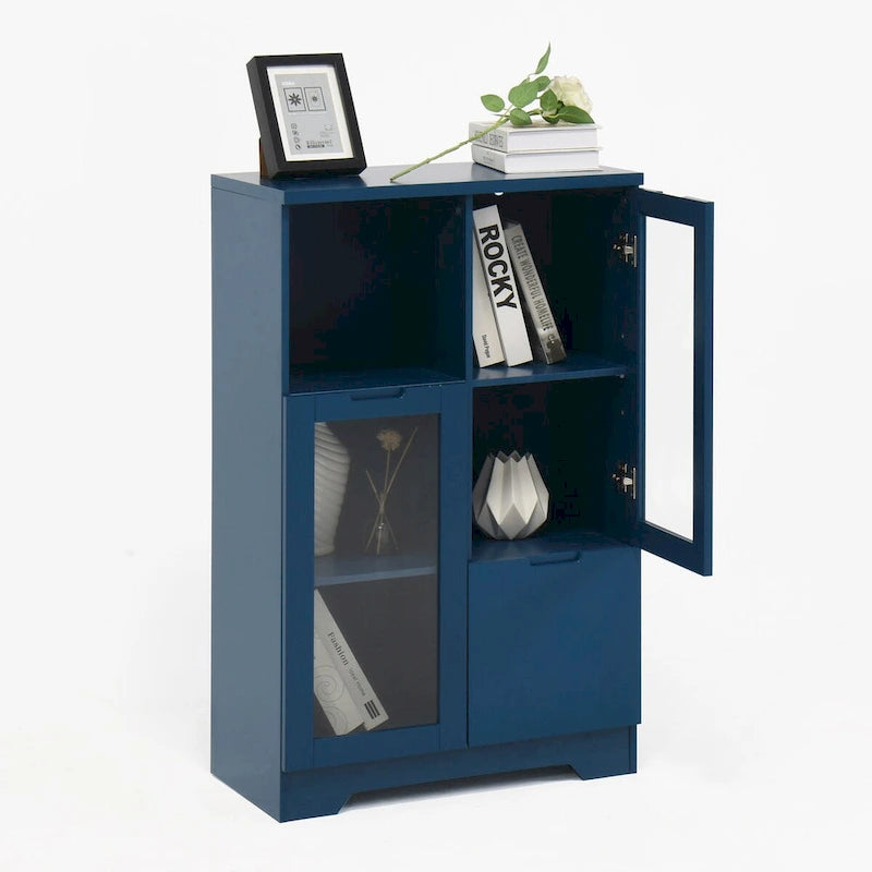 Wooden Floor Cabinet with 2 Glass Doors and 2 Storage Space,Living Room Bathroom Entryway