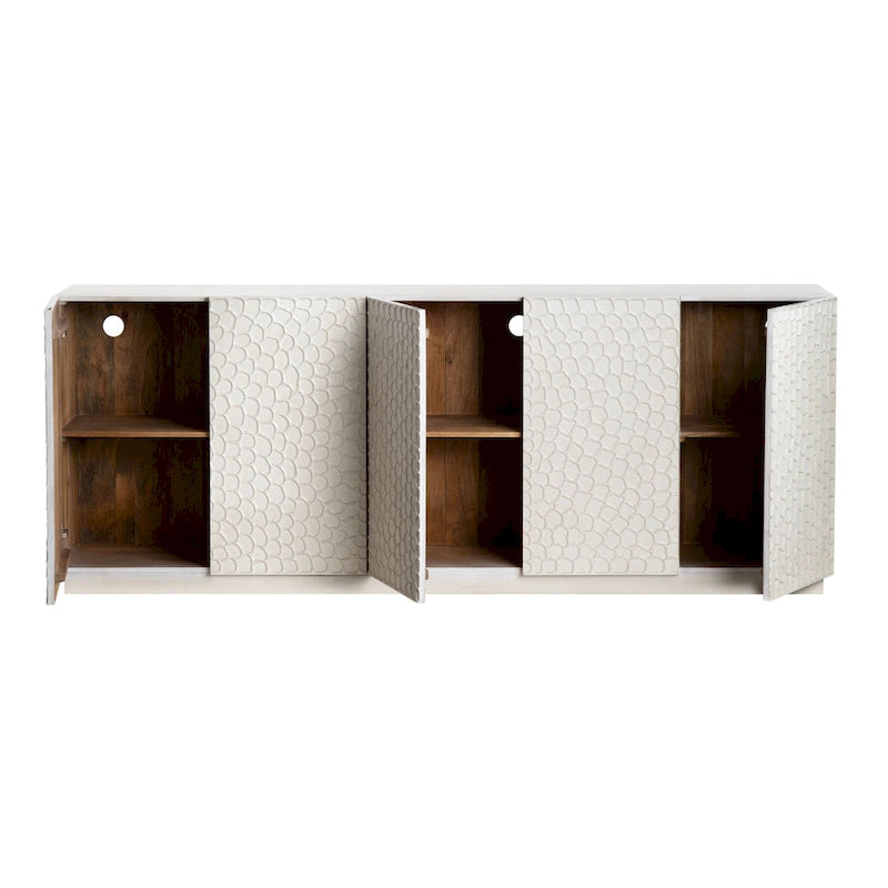 Credenza a cinque ante in legno massello di mango con ante a rilievo e finitura bianco costiero