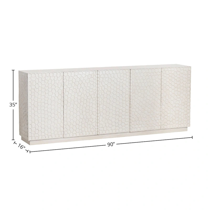 Credenza a cinque ante in legno massello di mango con ante a rilievo e finitura bianco costiero