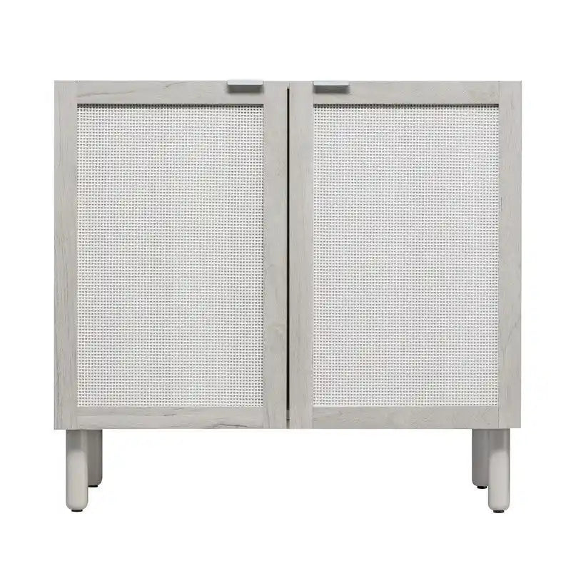 Mobiletto a 2 ante in rattan con gambe cilindriche in legno e ripiano regolabile – Sabbia