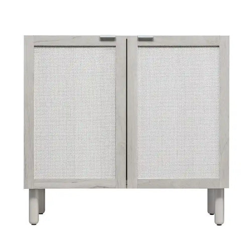 Meuble de rangement 2 portes en rotin avec pieds cylindriques en bois et étagère réglable – Sable