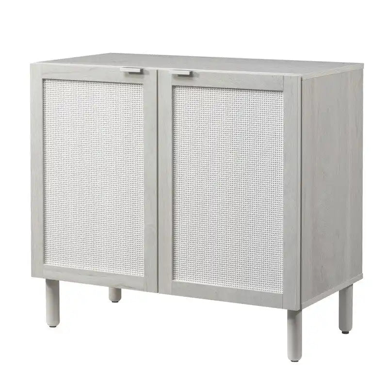 Mobiletto a 2 ante in rattan con gambe cilindriche in legno e ripiano regolabile – Sabbia