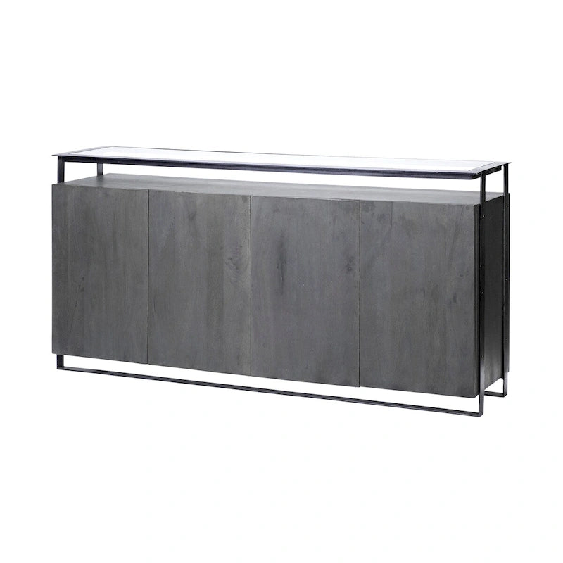 Credenza da 72" in legno massello di mango con ripiano in vetro temperato e telaio in ferro