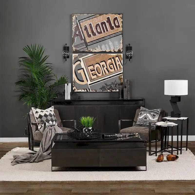 Credenza da 72" in legno massello di mango con ripiano in vetro temperato e telaio in ferro