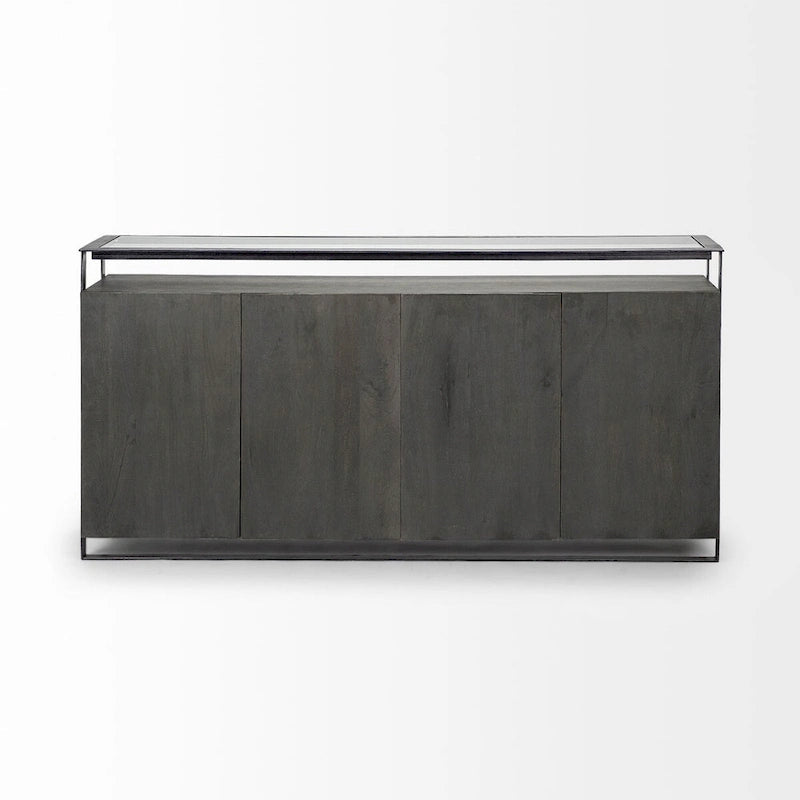 Credenza da 72" in legno massello di mango con ripiano in vetro temperato e telaio in ferro
