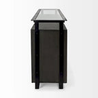Credenza da 72" in legno massello di mango con ripiano in vetro temperato e telaio in ferro