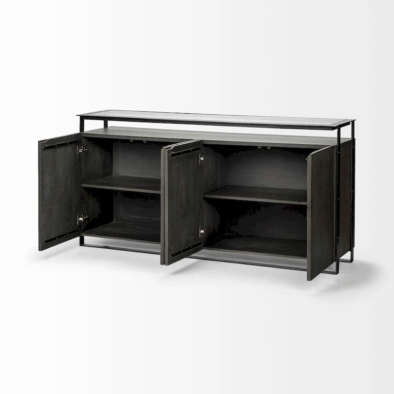 Credenza da 72" in legno massello di mango con ripiano in vetro temperato e telaio in ferro