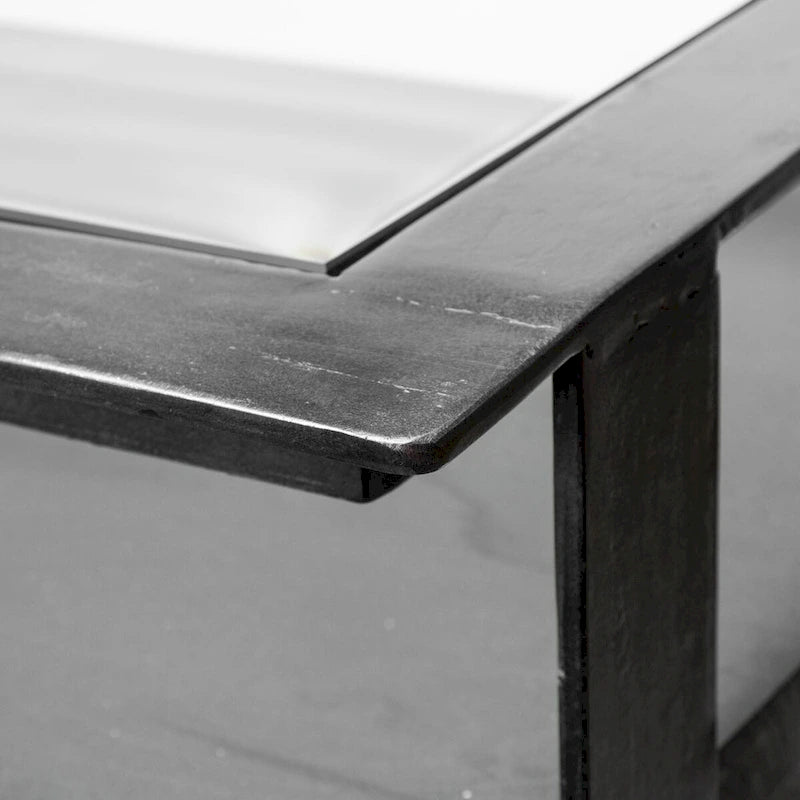 Credenza da 72" in legno massello di mango con ripiano in vetro temperato e telaio in ferro
