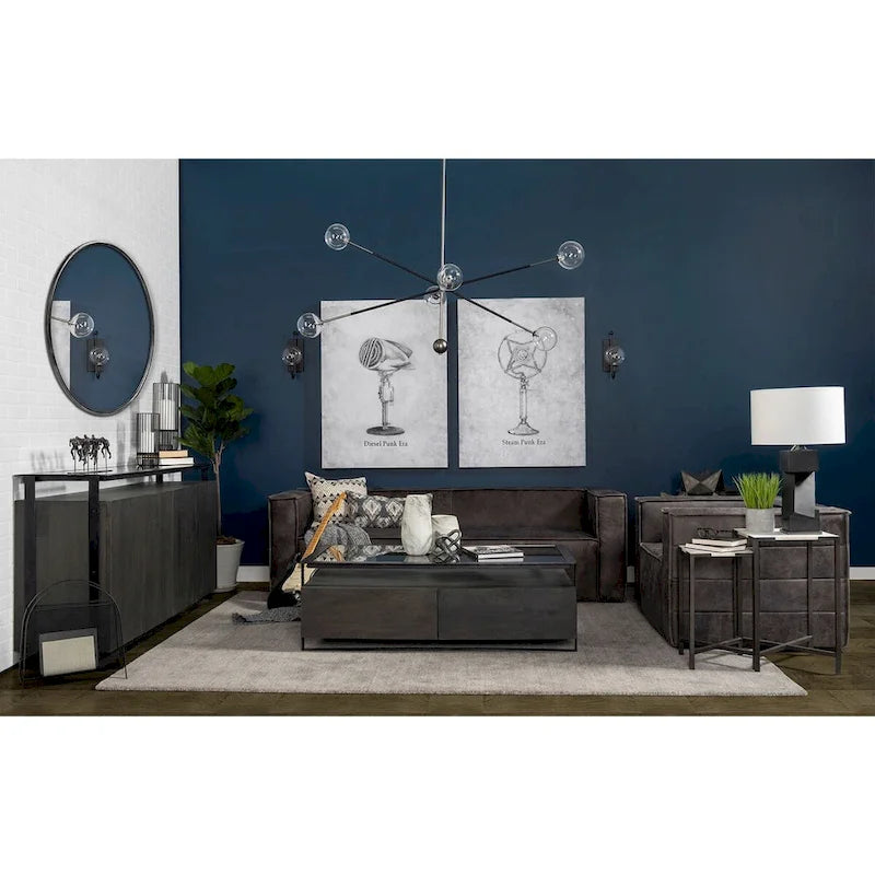 Credenza da 72" in legno massello di mango con ripiano in vetro temperato e telaio in ferro
