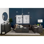 Credenza da 72" in legno massello di mango con ripiano in vetro temperato e telaio in ferro