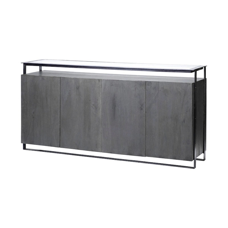 Credenza da 72" in legno massello di mango con ripiano in vetro temperato e telaio in ferro