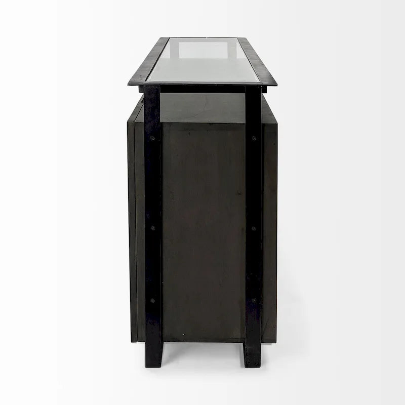 Credenza da 72" in legno massello di mango con ripiano in vetro temperato e telaio in ferro