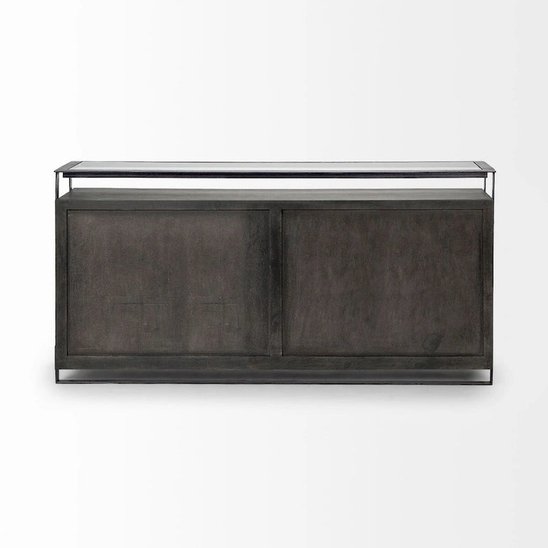 Credenza da 72" in legno massello di mango con ripiano in vetro temperato e telaio in ferro