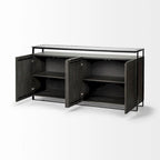 Credenza da 72" in legno massello di mango con ripiano in vetro temperato e telaio in ferro