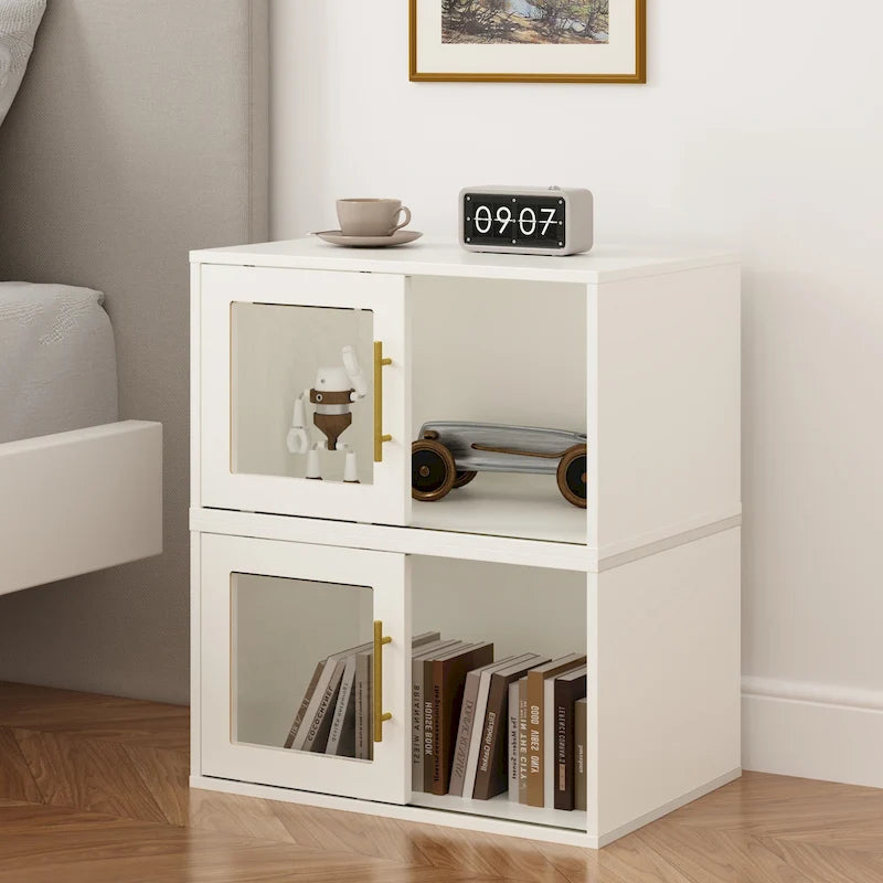 Organizzatore portaoggetti impilabile a 24 cubi con anta scorrevole, libreria aperta in legno bianco