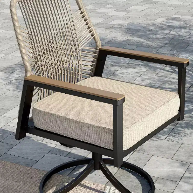 Captiva Designs 9pc Outdoor Slat-top Square Metal Dining Table and Thick Cushion Swivel Wicker Chairs