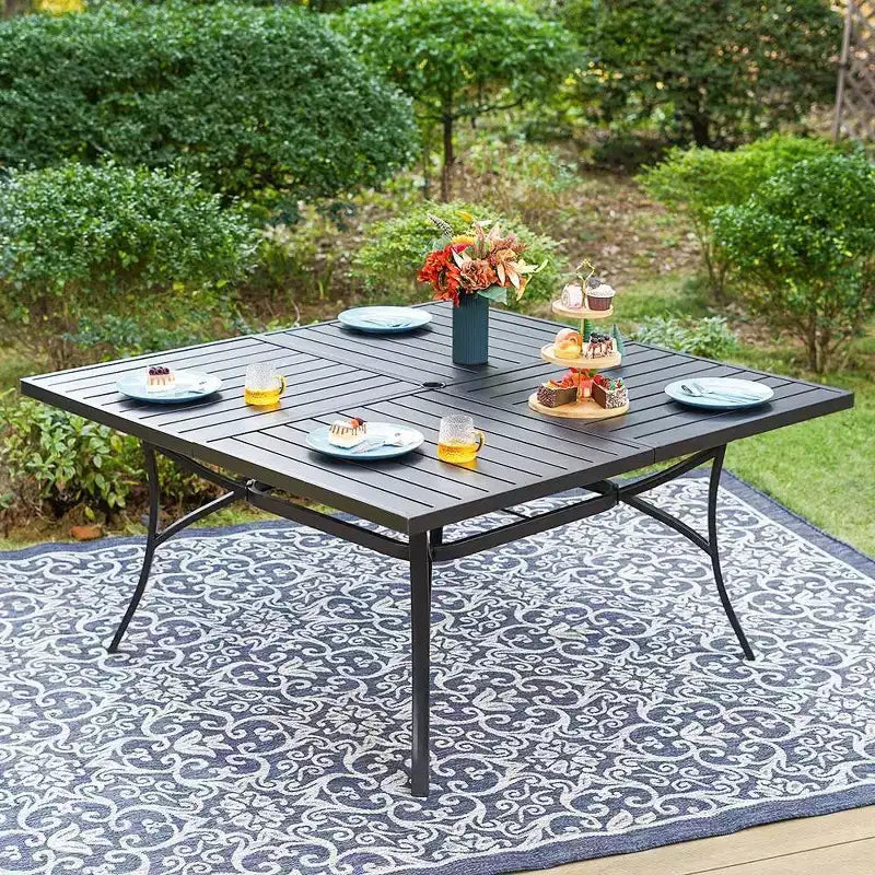Captiva Designs 9pc Outdoor Slat-top Square Metal Dining Table and Thick Cushion Swivel Wicker Chairs
