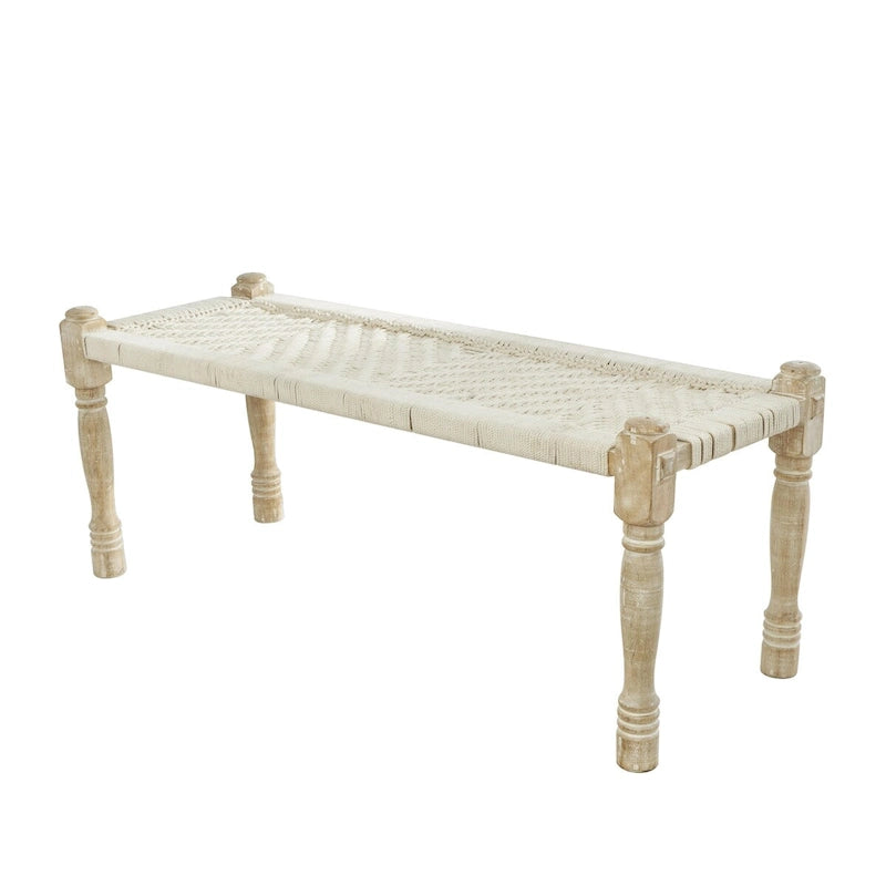 Panca in cotone intrecciato a mano con motivo chevron e gambe in legno di mango – Beige, 48x18x19