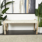 Panca in cotone intrecciato a mano con motivo chevron e gambe in legno di mango – Beige, 48x18x19