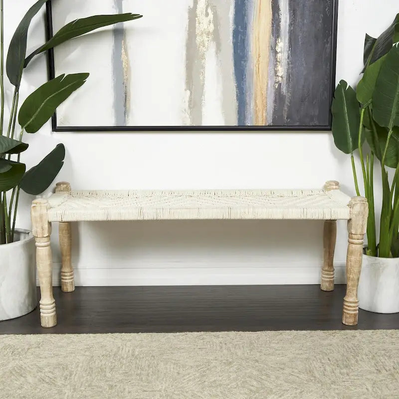 Panca in cotone intrecciato a mano con motivo chevron e gambe in legno di mango – Beige, 48x18x19
