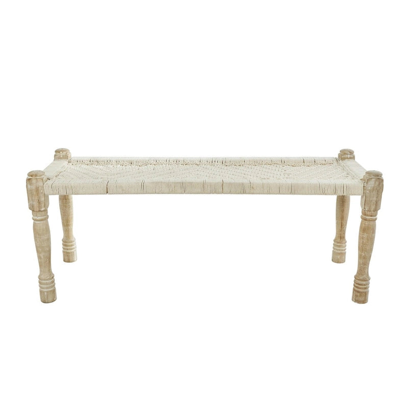 Panca in cotone intrecciato a mano con motivo chevron e gambe in legno di mango – Beige, 48x18x19