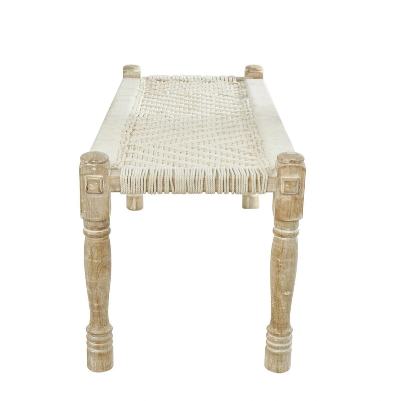 Panca in cotone intrecciato a mano con motivo chevron e gambe in legno di mango – Beige, 48x18x19