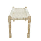 Panca in cotone intrecciato a mano con motivo chevron e gambe in legno di mango – Beige, 48x18x19