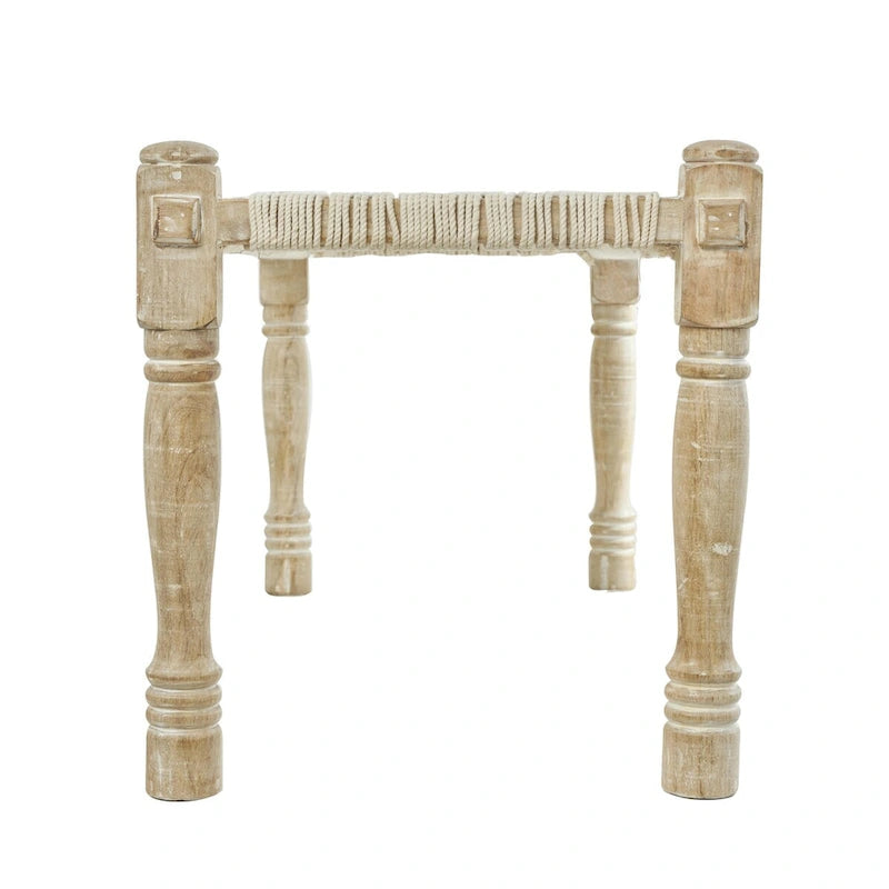 Panca in cotone intrecciato a mano con motivo chevron e gambe in legno di mango – Beige, 48x18x19
