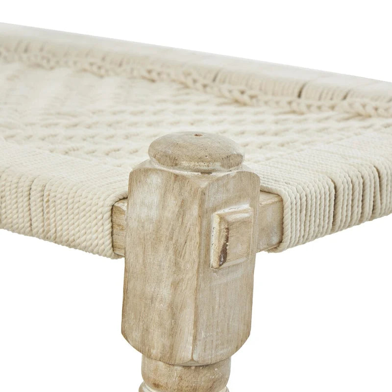 Panca in cotone intrecciato a mano con motivo chevron e gambe in legno di mango – Beige, 48x18x19