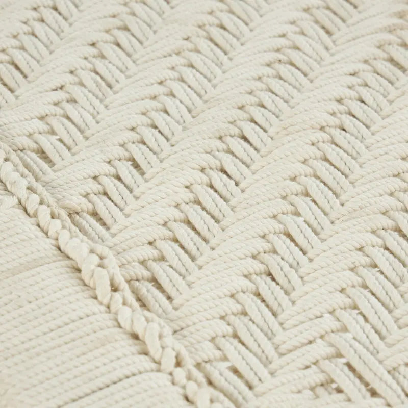 Panca in cotone intrecciato a mano con motivo chevron e gambe in legno di mango – Beige, 48x18x19