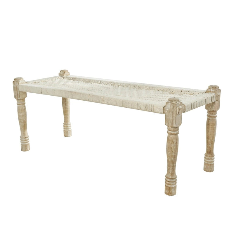 Panca in cotone intrecciato a mano con motivo chevron e gambe in legno di mango – Beige, 48x18x19