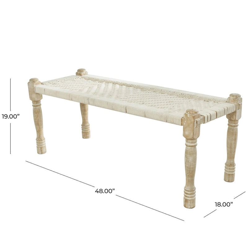 Panca in cotone intrecciato a mano con motivo chevron e gambe in legno di mango – Beige, 48x18x19